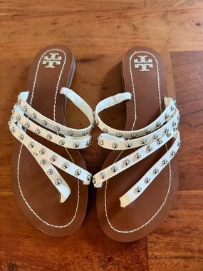 Tory Burch White Studded Strappy Leather Flat Sandals